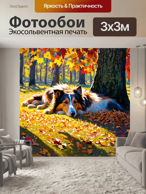 Фотообои колли, мирно спящий под деревом в лесу, рядом с кучей опавших желтых и красных листьев