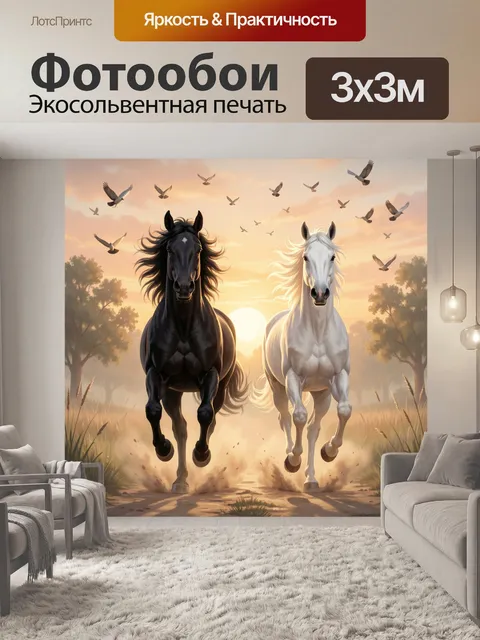 Фотообои Черный и белый конь на закате
