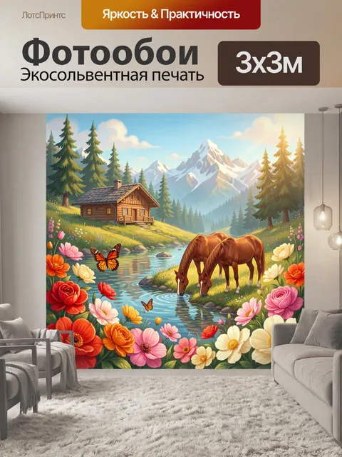 Фотообои Альпийская долина с лошадьми