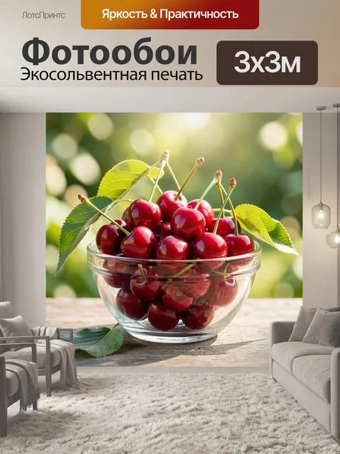 Фотообои Спелая вишня в прозрачной чаше
