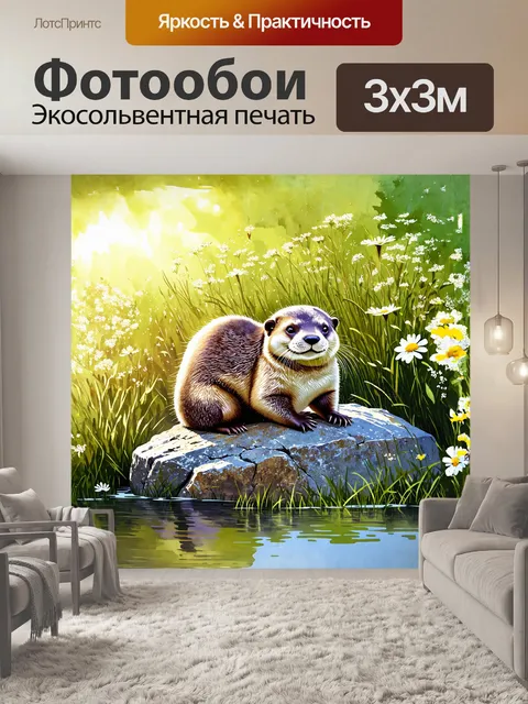 Фотообои выдра, уютно устроившаяся на крупном валуне, окружённом сочной травой и цветами