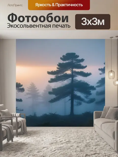 Фотообои сосны, окутанные вечерним туманом