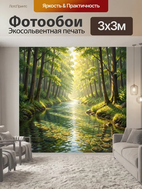 Фотообои Лесной ручей в солнечном лесу