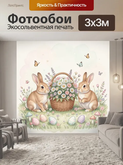 Фотообои Пасхальные кролики с корзиной цветов