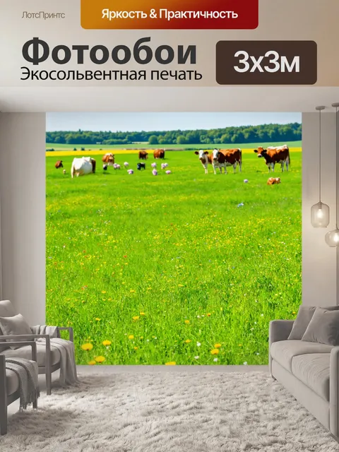 Фотообои с травой, покрывающей поле, где пастбище для коров, яркие цветные цветы разбросаны среди зеленой массы, а…