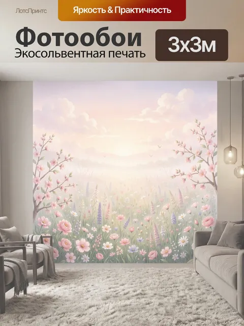 Фотообои Весенний луг с цветущими ветвями