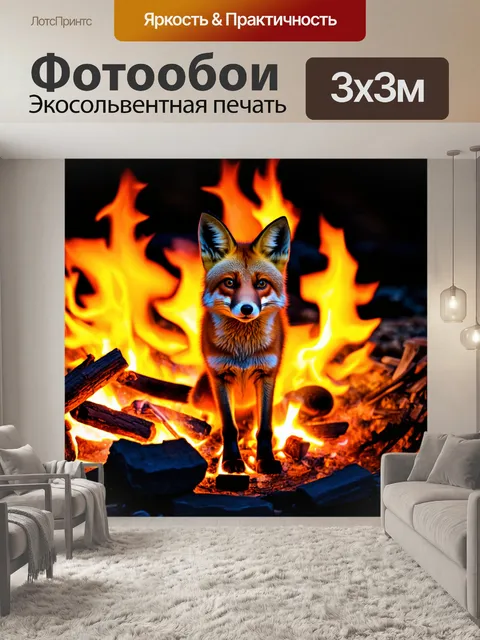 Фотообои лиса у костра, окруженная яркими огнями