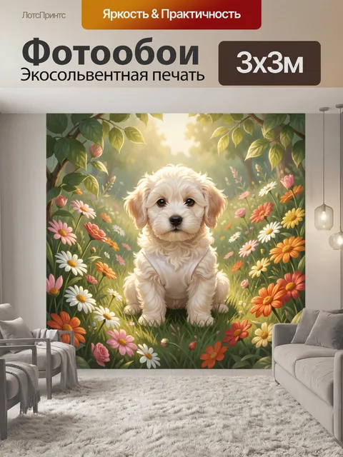 Фотообои Щенок в цветущем саду