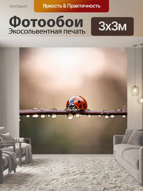 Фотообои божья коровка находится на веточке, окруженная каплями росы, отражающими утренний свет