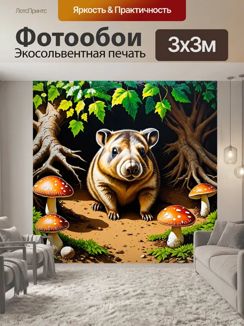 Фотообои вомбат, который успешно находит свою норку под корнями дерева, окруженный зелеными листьями и яркими грибами