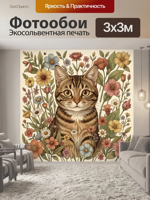 Фотообои Кот среди полевых цветов