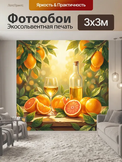 Фотообои Цитрусы и бокалы с золотым светом