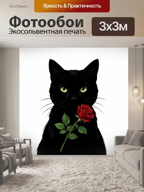 Фотообои Черный кот с красной розой