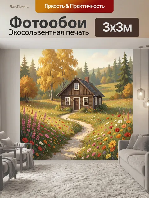Фотообои Уютный домик среди цветочного луга