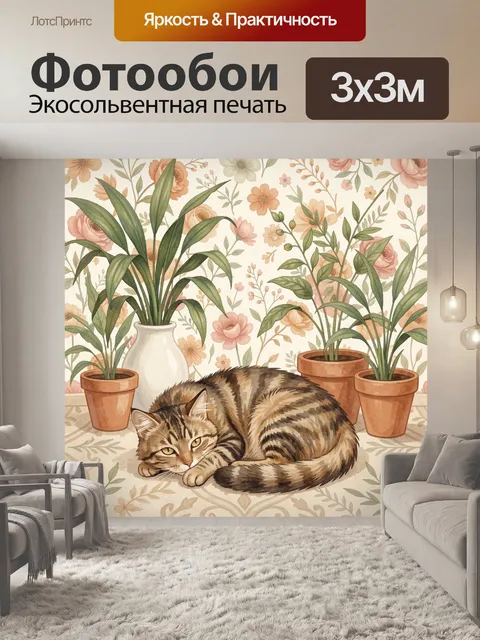 Фотообои Кот среди цветущих растений