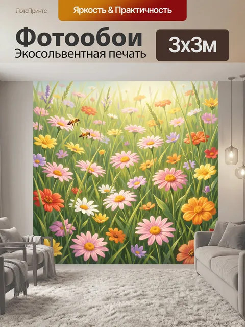 Фотообои Летний луг с цветами и пчелами