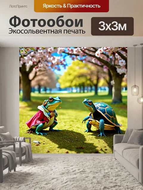 Фотообои лягушка и черепаха, костюмированные в старинные наряды, ведут беседу о искусстве в парке среди цветущих…