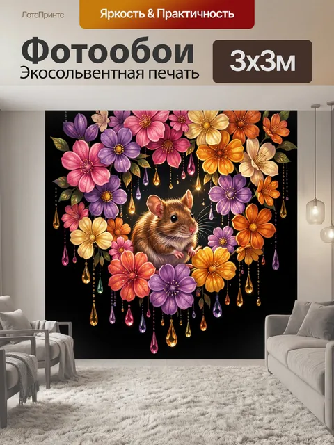Фотообои Мышонок среди ярких цветов