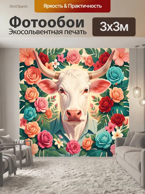 Фотообои Белый бык среди тропических цветов