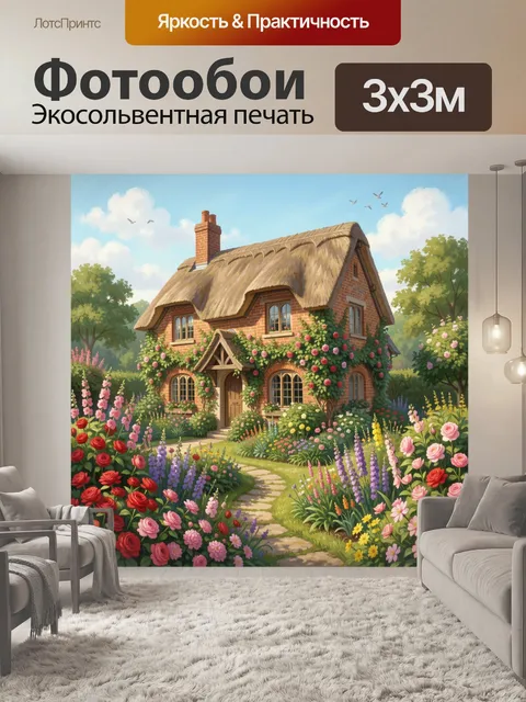 Фотообои Сказочный дом в цветущем саду
