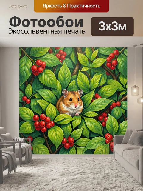 Фотообои Хомяк среди зелёных листьев