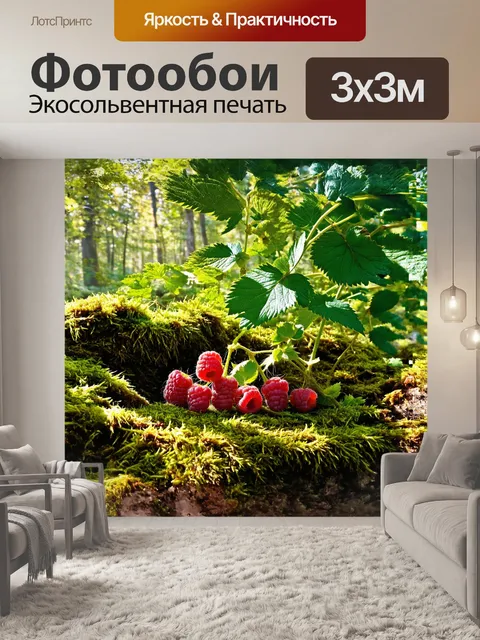 Фотообои в лесу, среди мха и листвы, природа создала уникальный природный натюрморт: малина, изобилующая на зелёных…