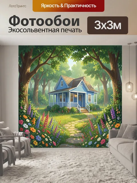 Фотообои Домик в саду среди цветов