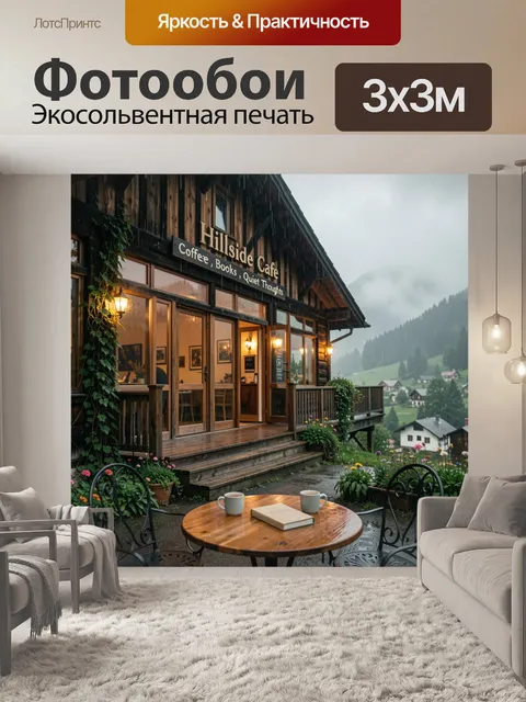 Фотообои Уютное кафе в горах как главный сюжет: деревянное здание с темными балками и панорамными окнами