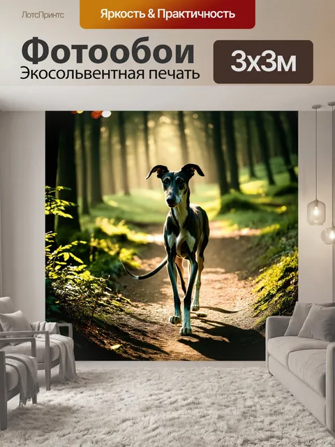 Фотообои борзая, гуляющая по тропинке в лесу, где свет пробивается сквозь листву, создавая динамичное освещение и…