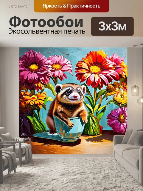 Фотообои нежный хорек, расположившийся в вазе с живыми цветами, создаёт волшебное ощущение покоя