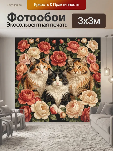 Фотообои Три кота среди цветов