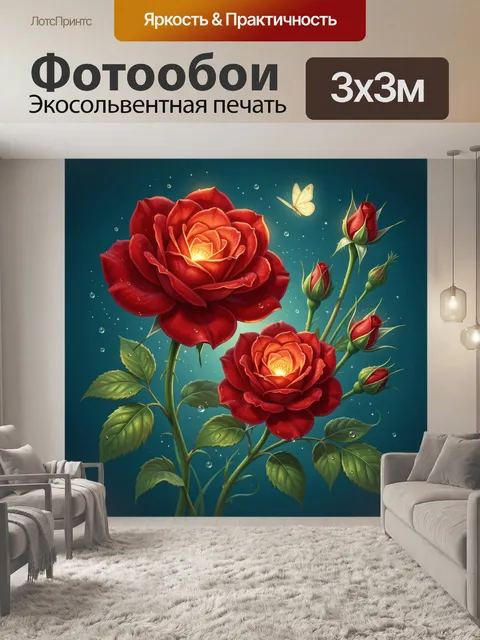 Фотообои Красные розы и бабочка