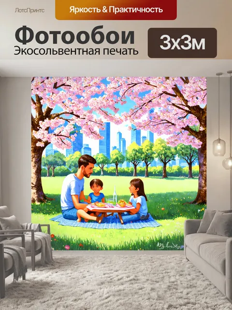 Фотообои город в стиле пастельный рисунок с семейством, отдыхающим на пикнике в парке под расцветающими деревьями