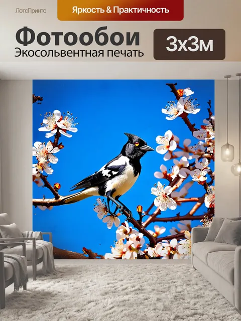 Фотообои сорока, изящно perched на ветке цветущего дерева, сверкает своим черно-белым оперением на фоне ярко-синего…
