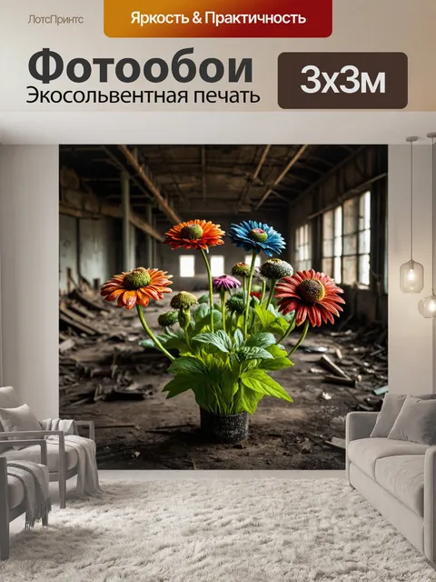 Фотообои цветы в стиле дизельпанк, цветы из семян и металлических частей, произрастающие на заброшенном заводе