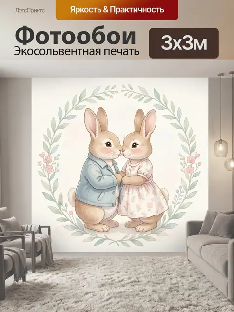 Фотообои Два зайца в цветочном венке
