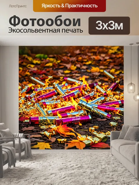 Фотообои разноцветные петарды, разбросанные по земле, на фоне осенних листьев