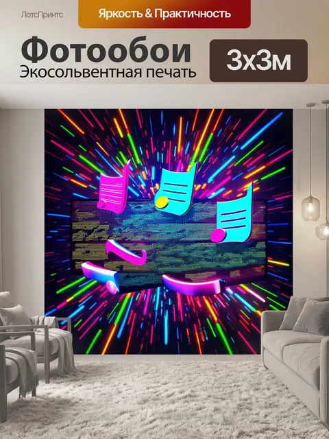 Фотообои микс цветов и форм, где объемные ноты, нарисованные в стиле 3d, появляются на фоне неоновых вспышек