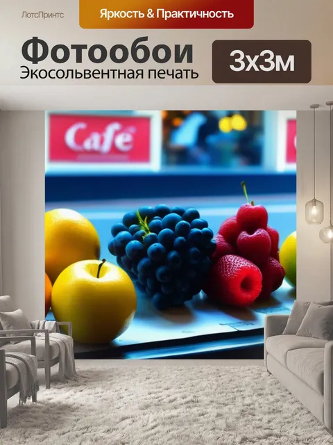 Фотообои фрукты, выставленные у окна кофейни