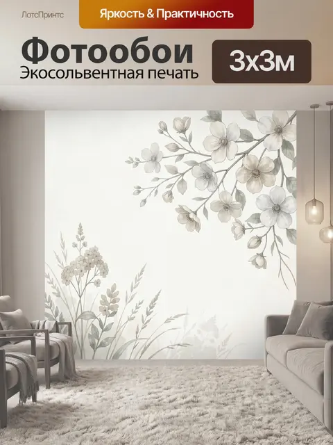Фотообои Нежные цветочные ветви на светлом фоне