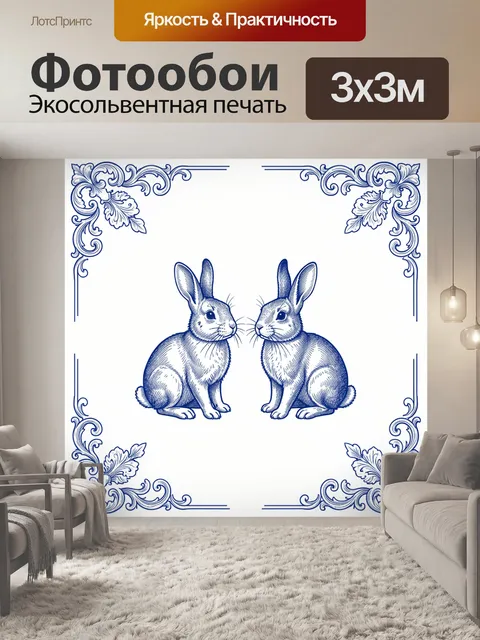 Фотообои Два кролика в синей графике
