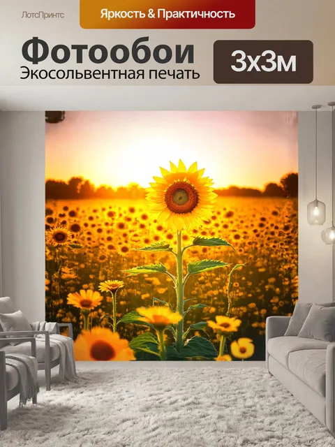 Фотообои подсолнух стоит посреди цветочного луга