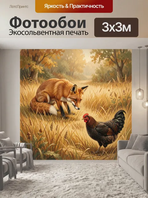 Фотообои Лиса и курица в траве