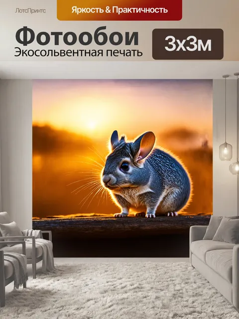 Фотообои шиншилла, позирующая на фоне живописного заката, создает атмосферу умиротворения и веселья
