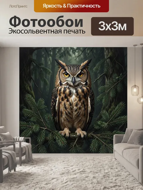 Фотообои Филин на еловой ветви