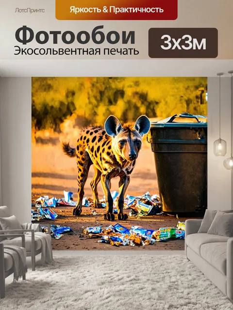 Фотообои пятнистая гиена роется в мусорном контейнере, разбросав вокруг обёртки и остатки пищи