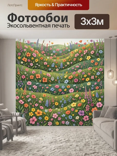 Фотообои Цветущий луг среди зеленых холмов