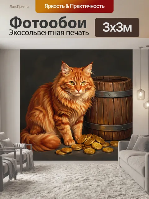 Фотообои Рыжий кот с золотыми монетами