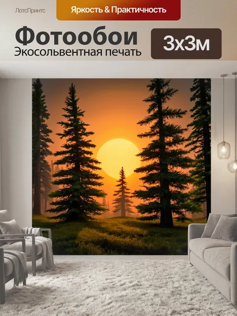 Фотообои лес с загадочным закатом между высоких пирамидальных елей
