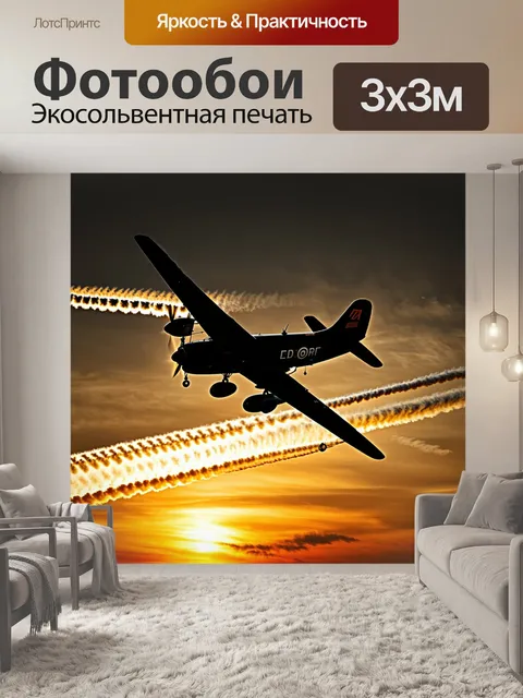 Фотообои вечерний закат, самолет ан-2 взмывает в небо, оставляя за собой след из жидкого золота